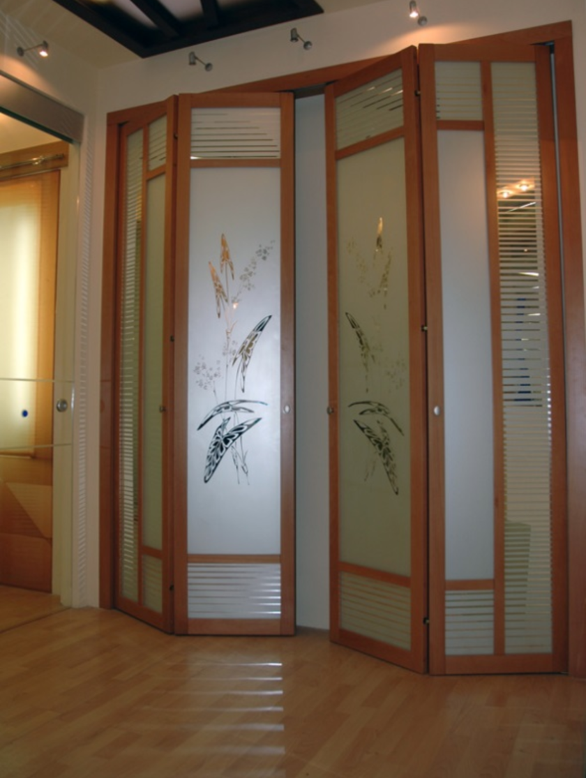 Широкие двери гармошка с матовым стеклом и рисунком Таганрог